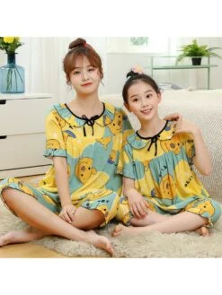 Flower Draped Sleeve Loose Pyjama Family Sets