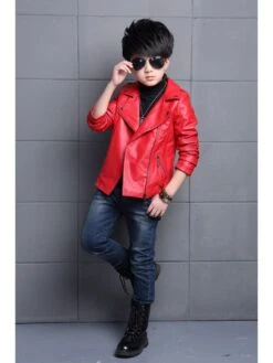 Long Sleeve PU Zipper Leather Jacket Boy Coat