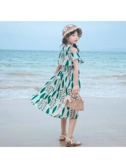 Pleated Crewneck Off Shoulder Girl Dresses -Kids Clothing Shop P 20240603113529882 520
