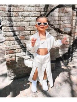 Solid Color Boat Neck Cropped Girl Clothing 3 Piece Sets