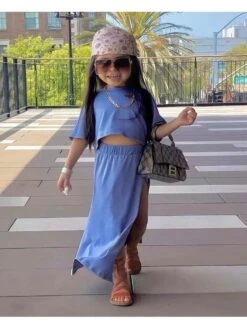 Solid Color Split Hem Crewneck Loose Girl Clothing Sets