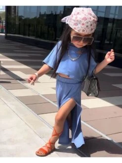 Solid Color Split Hem Crewneck Loose Girl Clothing Sets -Kids Clothing Shop P 20240604104534391 746