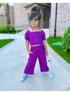 Solid Color Bateau Neckline Fitted Girl Clothing Sets