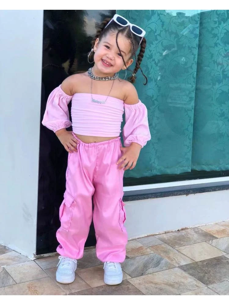 Solid Color Off Shoulder Cropped Girl Clothing Sets 2 Solid Color Off Shoulder Cropped Girl Clothing Sets - Image 2