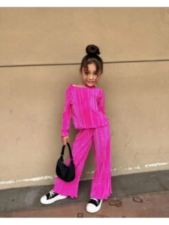 Solid Color Boat Neck Long Sleeve Rib Girl Clothing Sets