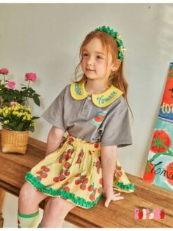 Print Colorblock Lacework Leisure Girl Clothing Sets