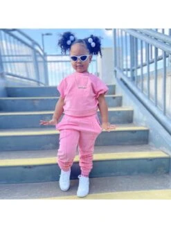 Solid Color Crewneck Cotton Slit Pocket Girl Clothing Sets