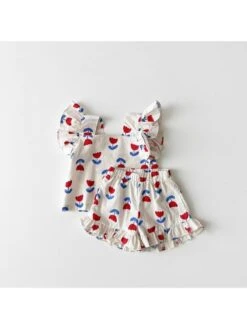 Flower Square Neck Cotton Girl Clothing Sets