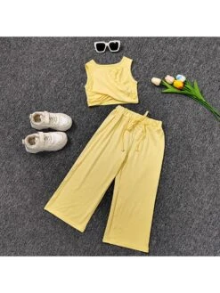 Solid Color Crewneck Cropped Girl Clothing Sets -Kids Clothing Shop P 20240611090011623 431