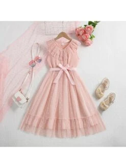Solid Color Waist Tie Princess Girl Dresses
