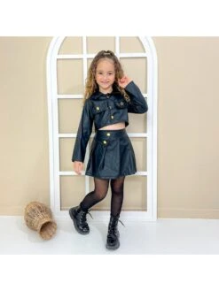 Solid Color PU A-line Girl Clothing Sets