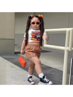 Plaid Crewneck Fitted Girl Clothing Sets