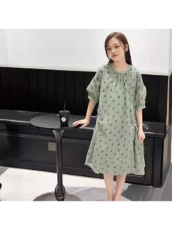 Flower Crewneck Three-quarter Sleeve Girl Dresses