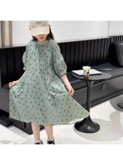 Flower Crewneck Three-quarter Sleeve Girl Dresses -Kids Clothing Shop P 20240611115602819 568