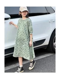 Flower Crewneck Three-quarter Sleeve Girl Dresses -Kids Clothing Shop P 20240611115605492 477