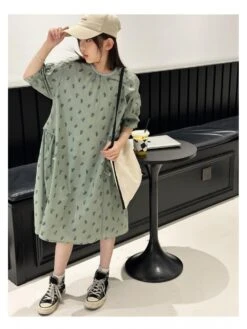 Flower Crewneck Three-quarter Sleeve Girl Dresses -Kids Clothing Shop P 20240611115606057 985