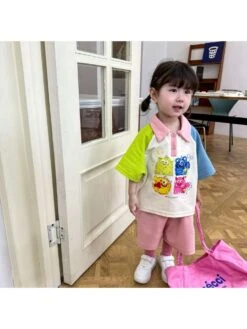 Cartoon Colorblock Cotton Wide Leg Girl Clothing Sets