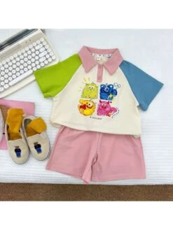 Cartoon Colorblock Cotton Wide Leg Girl Clothing Sets -Kids Clothing Shop P 20240611142009996 376