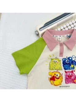 Cartoon Colorblock Cotton Wide Leg Girl Clothing Sets -Kids Clothing Shop P 20240611142012312 469