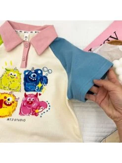 Cartoon Colorblock Cotton Wide Leg Girl Clothing Sets -Kids Clothing Shop P 20240611142013231 559