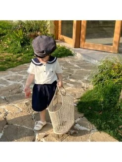 Navy Colorblock Doll Collar Cotton Girl Clothing Sets