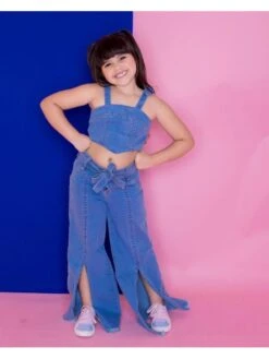 Split Hem Tie-wrap Spaghetti Straps Denim Girl Clothing Sets