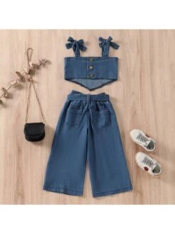 Split Hem Tie-wrap Spaghetti Straps Denim Girl Clothing Sets -Kids Clothing Shop P 20240612102821409 831