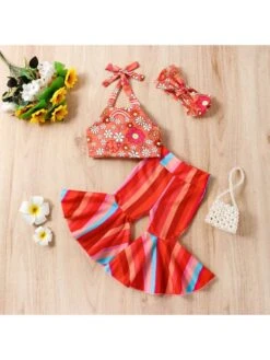 Flared Colorblock Flower Leisure Girl Clothing Sets