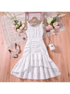 Solid Color Spaghetti Straps Sleeveless Girl Dresses