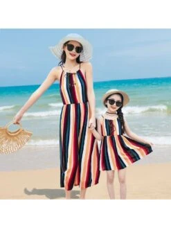 Colorblock Striped Halter Neck Family Sets