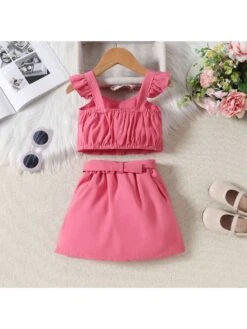 Stringy Selvedge Pleated Spaghetti Straps Girl Clothing Sets -Kids Clothing Shop P 20240613110027156 882