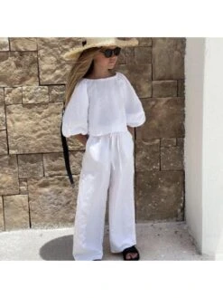 Solid Color Tie-wrap Boat Neck Wide Leg Girl Clothing Sets