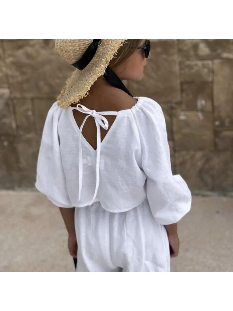 Solid Color Tie-wrap Boat Neck Wide Leg Girl Clothing Sets 2 Solid Color Tie-wrap Boat Neck Wide Leg Girl Clothing Sets - Image 2