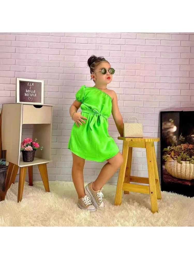 Solid Color Inclined Shoulder With Belt Girl Dresses 1 Solid Color Inclined Shoulder With Belt Girl Dresses