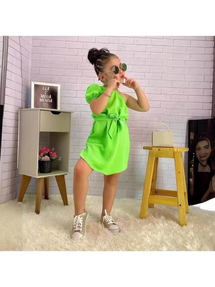 Solid Color Inclined Shoulder With Belt Girl Dresses 2 Solid Color Inclined Shoulder With Belt Girl Dresses - Image 2