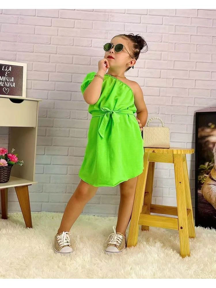 Solid Color Inclined Shoulder With Belt Girl Dresses 5 Solid Color Inclined Shoulder With Belt Girl Dresses - Image 5