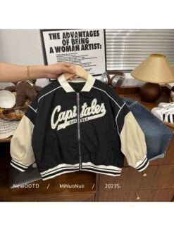 Colorblock Crewneck Loose Boy Coat