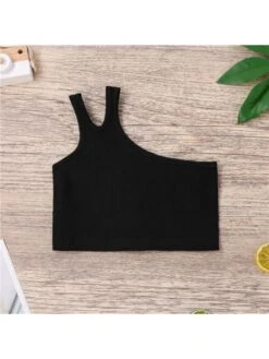 Solid Color Inclined Shoulder Spaghetti Straps Rib Girl Tops