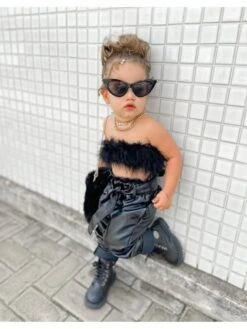 Fluff Bow PU Girl Clothing Sets