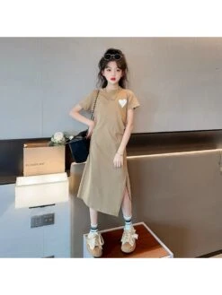 Solid Color Crewneck Short Sleeve Girl Dresses -Kids Clothing Shop P 20240618153230551 601