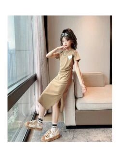 Solid Color Crewneck Short Sleeve Girl Dresses -Kids Clothing Shop P 20240618153231115 982