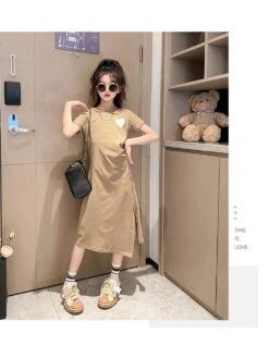 Solid Color Crewneck Short Sleeve Girl Dresses -Kids Clothing Shop P 20240618153231643 363