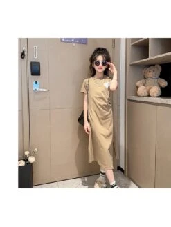 Solid Color Crewneck Short Sleeve Girl Dresses -Kids Clothing Shop P 20240618153232175 762