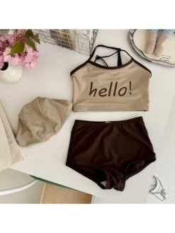 Colorblock Letter Cropped Girl 3 Piece Swimsuit