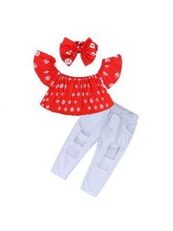 Pattern Ruffle Ripped Girl Clothing Sets