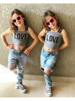 Letter Wear Out Spaghetti Straps Girl Clothing Sets