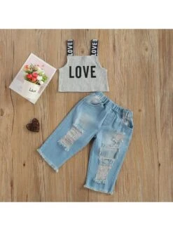 Letter Wear Out Spaghetti Straps Girl Clothing Sets -Kids Clothing Shop P 20240620155220501 964