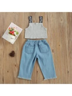 Letter Wear Out Spaghetti Straps Girl Clothing Sets -Kids Clothing Shop P 20240620155221134 987