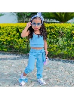 Solid Color Tie-wrap Cropped Girl Clothing Sets