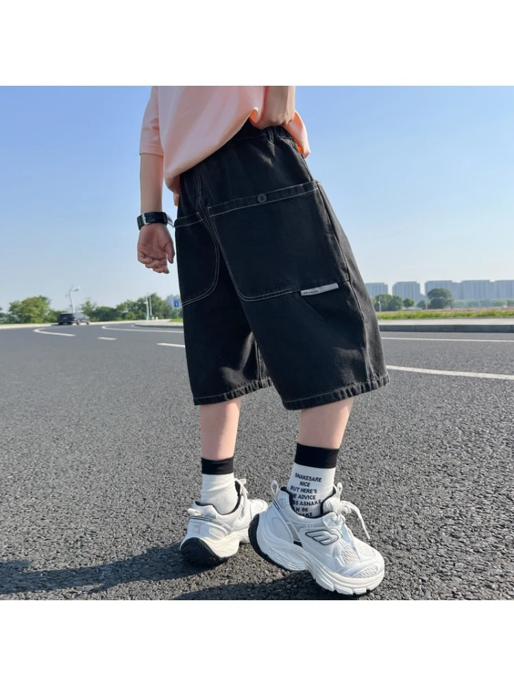Solid Color Cotton Cargo Jeans Boy Pants 2 Solid Color Cotton Cargo Jeans Boy Pants - Image 2